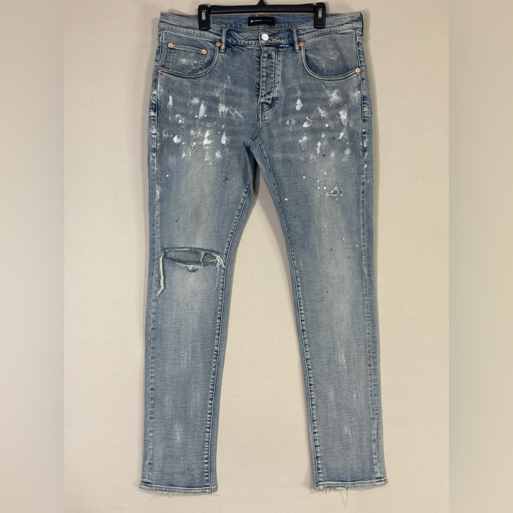 Purple Brand P001 Light Wash Paint Splatter Skinny Jeans 36